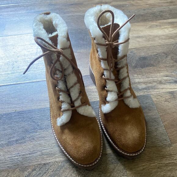 Madewell Boots Lace Up Suede Shearling Winter Combat Chunky Lug Sole Brown Cream - Picture 7 of 11